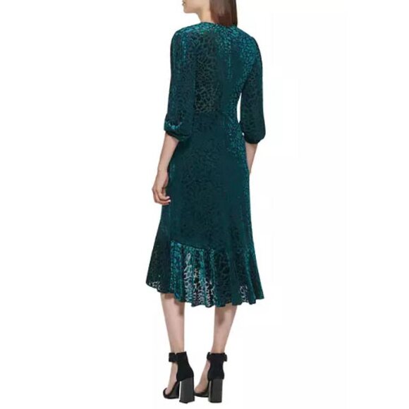 Calvin Klein Malachite Green Velvet Burnout Animal Print Faux Wrap Ruffle Dress - Picture 6 of 10